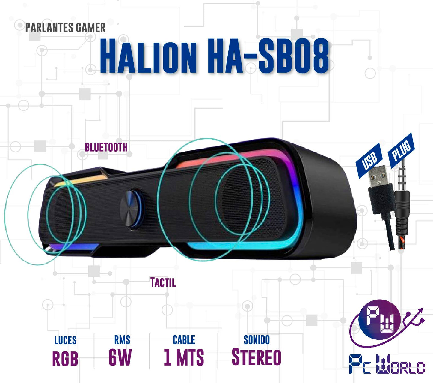 Parlante Gamer Halion HA-SB08 Barra USB RGB Bluetooth