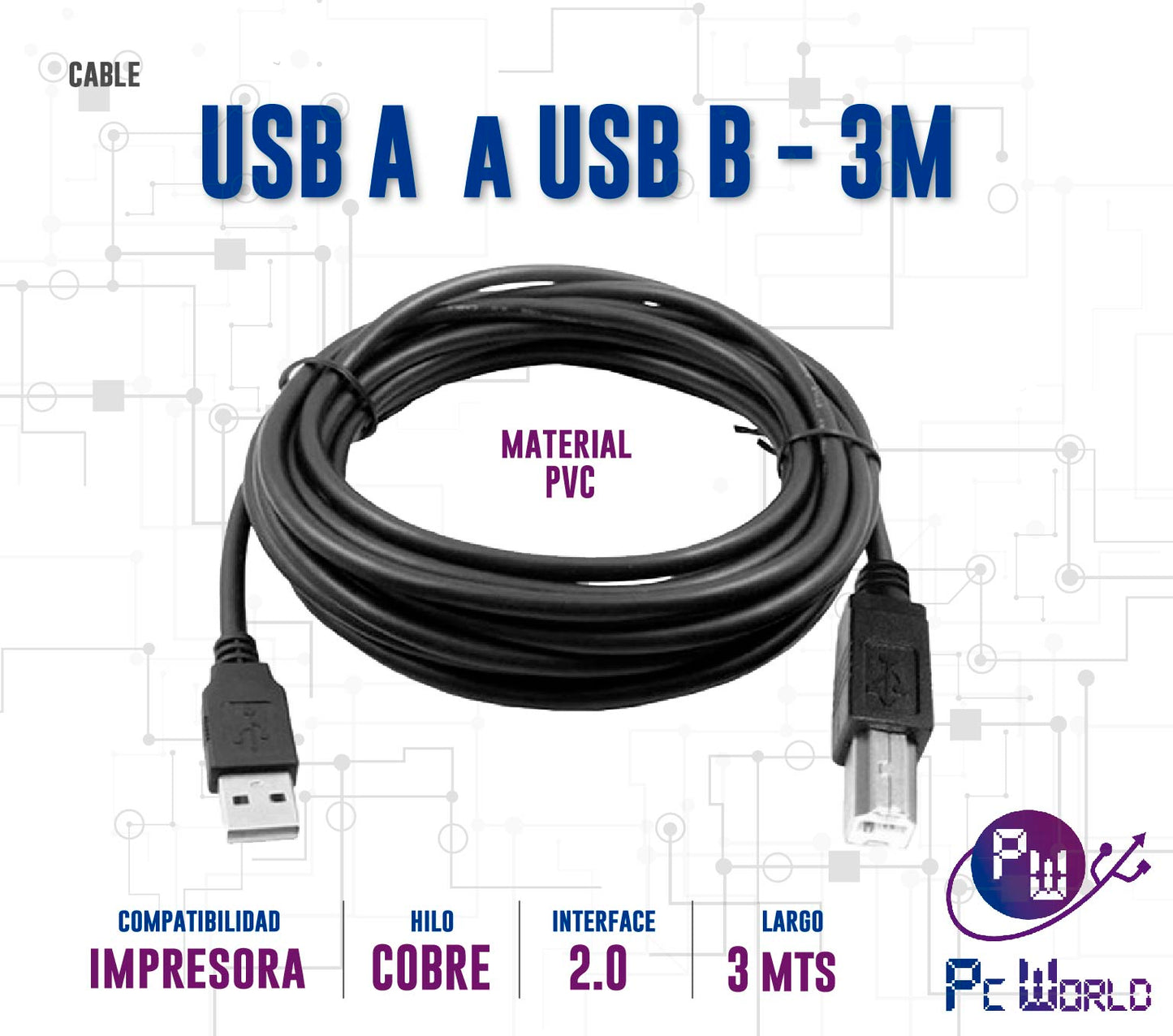 Cable USB-A a USB-B para impresora 3mts